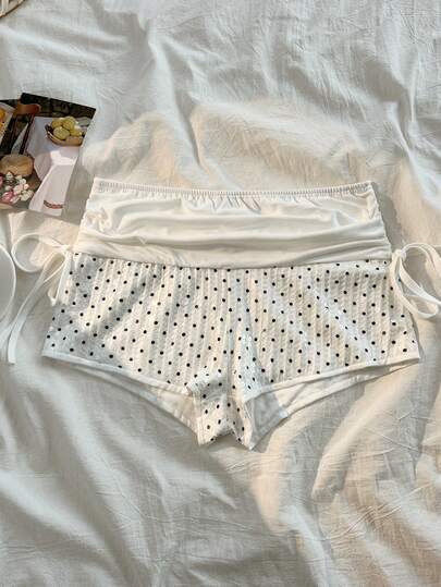 Elamini Women's Casual Shorts, Bow Tie Waist Super Shorts, Patchwork Polka Dot Embroidered Sequin