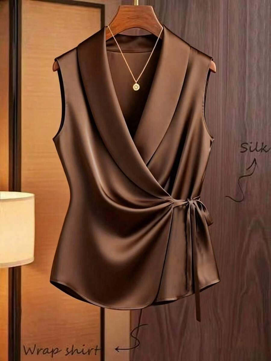 GlowEve 女士纯色简约无袖衬衫,休闲日常穿着 - 棕色 - 查看 1