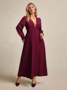 Juhart 加大码 V 领收腰复古 A 字连衣裙，教师节优雅休闲连衣裙，后系带设计 - 紫色 - 查看 6