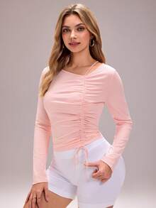 Sovereign Charm Lightweight Drawstring Jacquard Decor Sweatshirt, Spring/Autumn - Pink - View 3