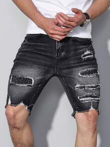 Manfinity LEGND Pantalones cortos vaqueros de hombre con parches desgastados, estilo slim fit de calle - Negro - Ver 4