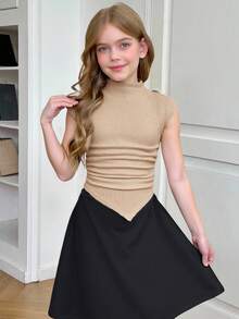 SHEIN Serisse Kids 少女休闲针织修身漏斗领褶皱不对称下摆短袖上衣，适合春夏返校季，也可作为母女装穿着。 - 杏色 - 查看 7