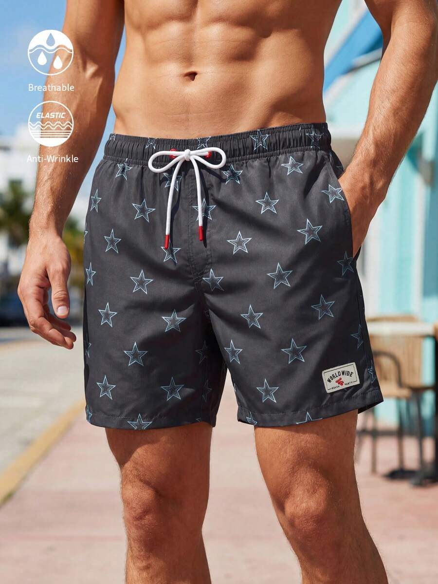ZELFYO Men's Casual Star Print Beach Shorts - Dark Grey - View 1