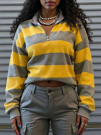 Rovax Women's Striped Drop Shoulder Long Sleeve Casual Loose Zip-Up Sweatshirt