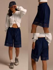 Fluxe Pantaloncini larghi da donna con coulisse in vita e pizzo a contrasto - Blu Navy - Visualizzare 11