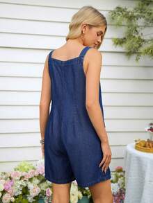 SHEIN 孕妇休闲深色水洗牛仔连体裤 - 深色水洗藍 - 查看 2