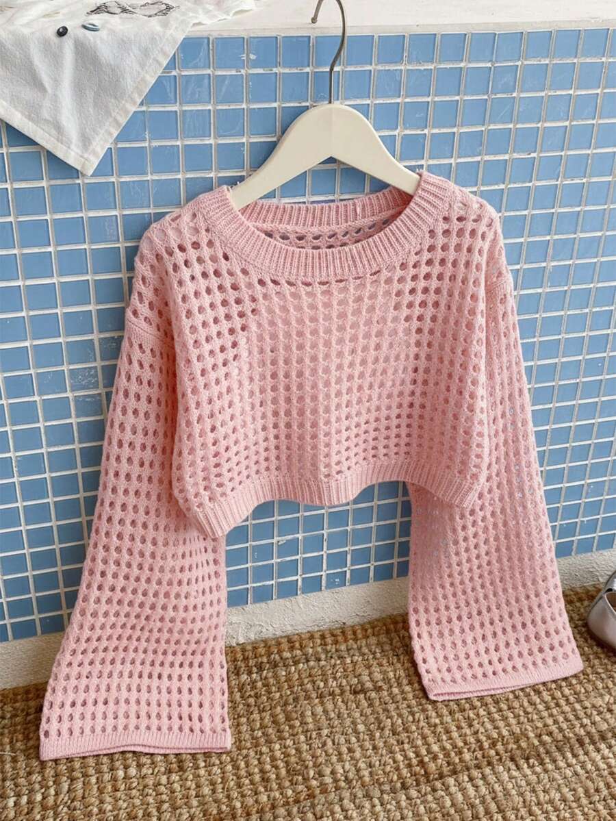 SHEIN 少女度假休闲纯色镂空喇叭袖针织毛衣 - 淺粉色 - 查看 1