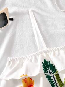 Tween Girl Floral & Bird Print Ruffle Off-Shoulder Casual Everyday Vacation Romper - Multicolor - View 4