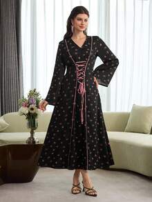 Al Najma 女士春夏印花粉色收腰A字优雅浪漫阿拉伯风连衣裙 - 彩色 - 查看 6