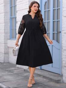Miaspire 大码女士蕾丝V领褶皱腰身优雅派对连衣裙 - 黑色 - 查看 1