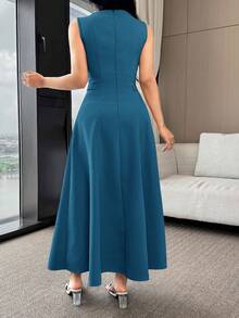 Feyla Women's Solid Color Button Design Elegant Sleeveless Dress - Blue - View 2