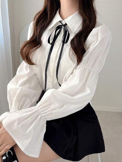 FRIFUL Women's Spring/Summer Contrast Color Cord Long Sleeve Loose Casual Versatile Blouse