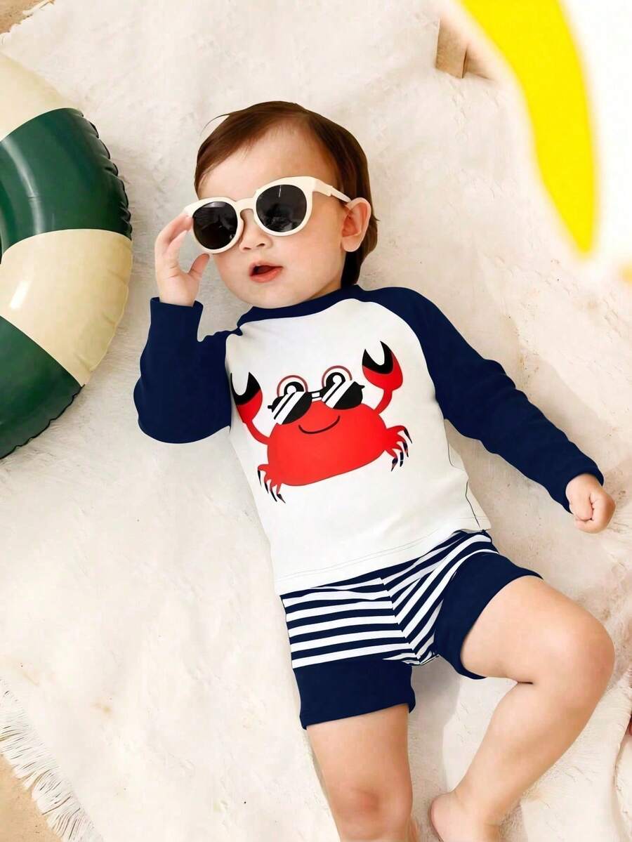 SHEIN 2pcs/Set Baby Boy Swimwear, Cute Cartoon Shark Print Colorblock Long Sleeve Knit Rash Guard And Swim Trunks, Swimsuit Set - Multicolor - View 1
