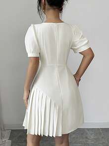 Elenzga Women's Spring/Summer New Arrival Elegant Chic Minimalist Dress, Suitable For Commute, Date, Afternoon Tea, Shallow Peach Petal Sleeve Cinched Waist Pleated A-Line Mini Dress - Apricot - View 2