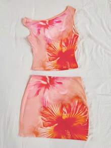 Franclia 女士新款橙色印花两件套，不对称上衣搭配迷你裙，大朵花卉图案，甜美性感，海滩度假风 - 彩色 - 查看 2