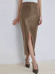 Aveloria Modichic Women's Solid Color Pocket Slit Hem Fashion PU Mid-Length Skirt - Camel - View 3