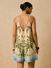 Travachic Plus Size Print Sleeveless Jumpsuit, Deep V-Neck Backless Tie Waist Colorful Retro Pattern Vacation Shorts For Women, New Arrival - Multicolor - View 2