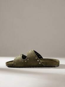 Solecia 女士春夏新款深绿色仿麂皮凉鞋，露趾圆头设计，双扣带，均匀排列的铆钉装饰，露跟套穿式，透气舒适，简约度假风，女士平底凉鞋，通勤必备，休闲百搭 - 墨綠色 - 查看 3