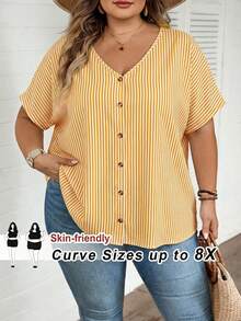 SHEIN CURVE+ 大码条纹印花V领前开襟纽扣休闲短袖衬衫，适合夏季/乡村/海滩度假/沙滩穿着，夏季上衣 - 黃色 - 查看 7