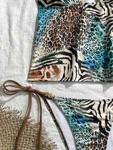 Swim Vcay Bộ đồ bơi nữ mùa xuân/hè in kỹ thuật số, không gọng, dây mảnh và quần short bơi buộc dây bên hông, thích hợp cho kỳ nghỉ biển. - Màu xanh lam - Xem 5