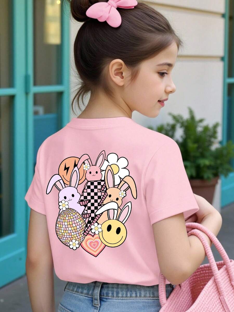 Girls' Casual Cute Pink Cartoon Rabbit,Flower,Heart,Plaid,Lightning Graphic Print Basic Short Sleeve T-Shirt,Summer School Comfortable Daily Wear - Baby Pink - View 1