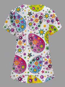 PopScrub 女士V领印花休闲工作服上衣 - 白色 - 查看 2