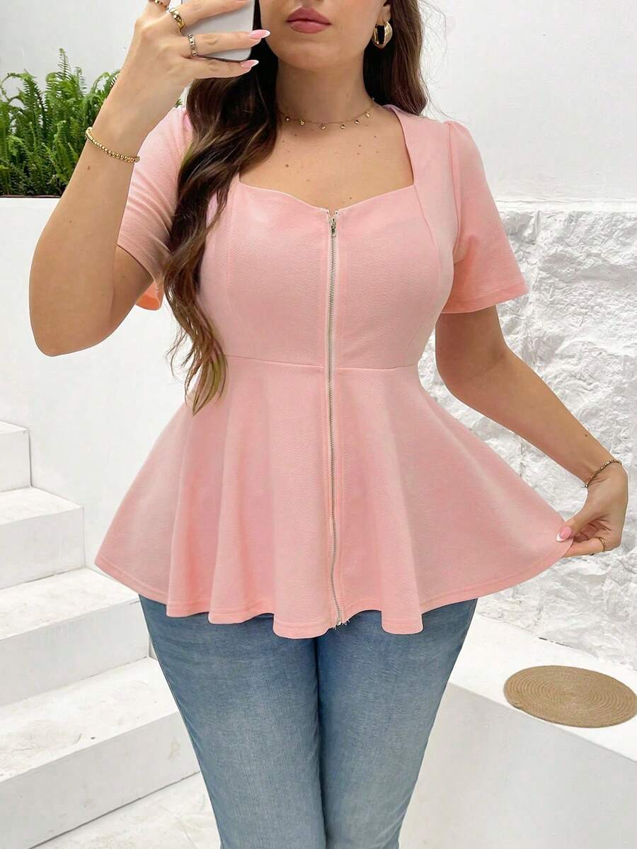 Elenzga Scoop Neck Short Sleeve Zip Up Ruffle Hem Casual Elegant Plus Size Women Blouse - Pink - View 1