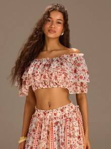 Athîral 女士度假休闲碎花露肩荷叶边短款上衣和迷你裙两件套 - 彩色 - 查看 6