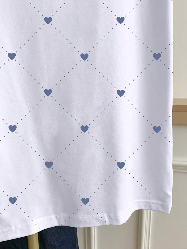 Resyla Camiseta casual de mujer de manga corta con cuello redondo, estampado de corazón y bloques de color - Blanco - Añade 5