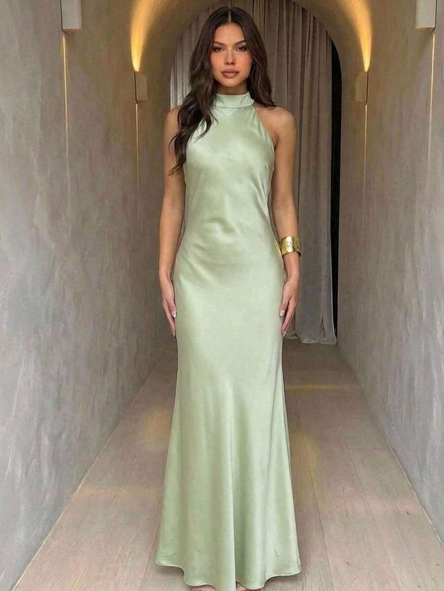 Aloruh Đầm nữ màu trơn phối ren hở lưng, kiểu cổ yếm.