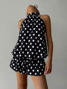 Aloruh Vestido corto de verano con escote halter y espalda descubierta, con estampado de lunares sexy para mujer - Blanco y Negro - Ver 10