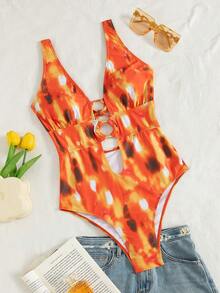 Swim SXY Red Orange,Summer,Cute,Beach Party,Holiday Tie Dye Print Deep V Lace-Up Circular Ring One-Piece Backless Swimsuit, Women's Bikinis Bathing Suits - Multicolor - View 7