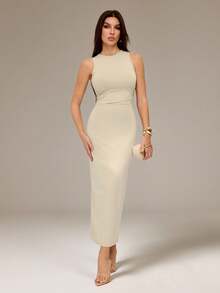 SHEIN Tall 杏色针织修身连衣裙，百搭休闲日常装，春夏款 - 米色 - 查看 1