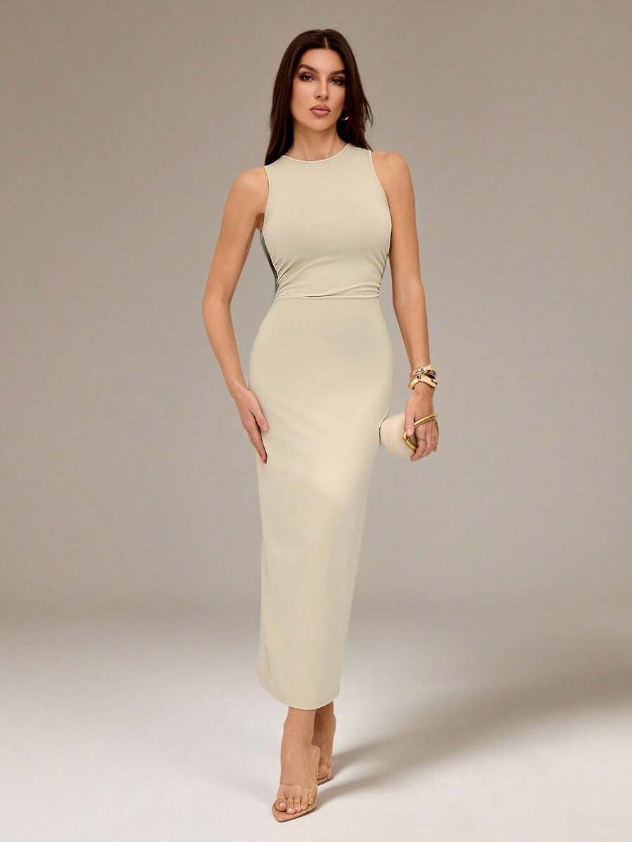 SHEIN Tall 杏色针织修身连衣裙，百搭休闲日常装，春夏款 - 米色 - 查看 1