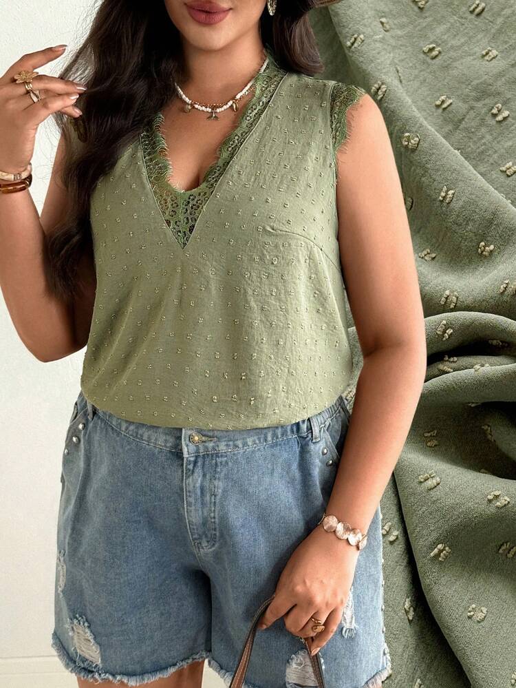Ceyna Plus Size Women Solid Color Textured Fabric V-Neck Loose Fit Casual Camisole And Tank Top Linen Tops For Women Premium Tops For Women Latest Tops For Women New Arrivals Women's Tops For Summer Women's Tops Women's Vest Tops Casual Tops For Women Z65c7 Code Clothes For Ladies Discount Pure Cotton Tops Women Buissness Casual Women Tops - Green - View 4
