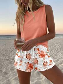 Sylviya 休闲简约度假波西米亚风优雅复古橙色碎花图案，适合音乐节、海滩、度假等场合，女士夏季套装，圆领背心和短裤两件套 - 彩色 - 查看 5