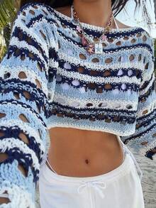 DAZY Contrast Stripe Hollow Out Loose Cropped Long Sleeve Casual Vacation Summer Lightweight Knit Sweater For Women - Blue - View 7