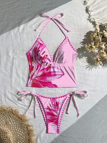 Swim Mod Women's Sweet Floral Print Camisole Bikini Top With Ruffle Trim, Spring/Summer - Multicolor - View 3