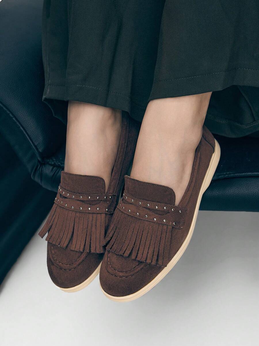 Mnmlis Women Casual Versatile Commute Fringe Decor Flats - Brown - View 1