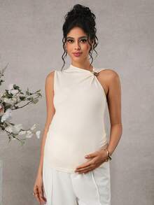 SHEIN SHEI Pregnant Women's Elegant Silky White Summer Maternity Top,Ruffle Shoulder Button Decor Fitted Outfits For Baby Shower,Pregnancy Photoshoot - Apricot - View 4