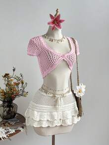 Elamini 女士纯色镂空单扣休闲百搭日常短袖开衫 - 粉色 - 查看 3