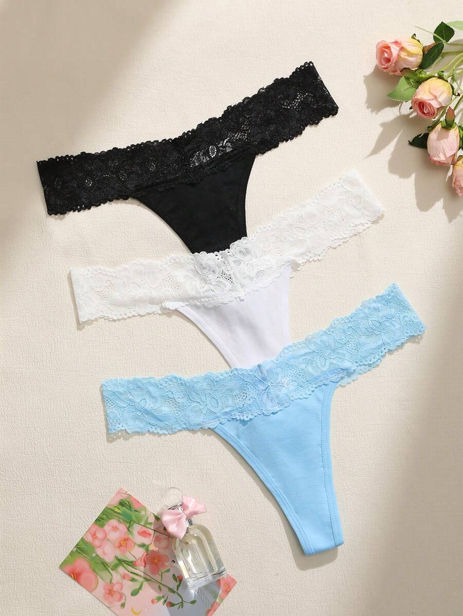 Snug Zone 3pcs Seamless Lace Inset Thong Panties Set - Multicolor - View 1