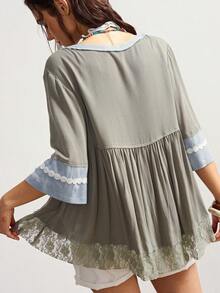 Bohemela Blusa holgada de punto con escote en V y manga corta, estilo patchwork, para mujer, ropa de mujer estilo bohemio, blusas de verano bohemias - verde menta - Ver 7