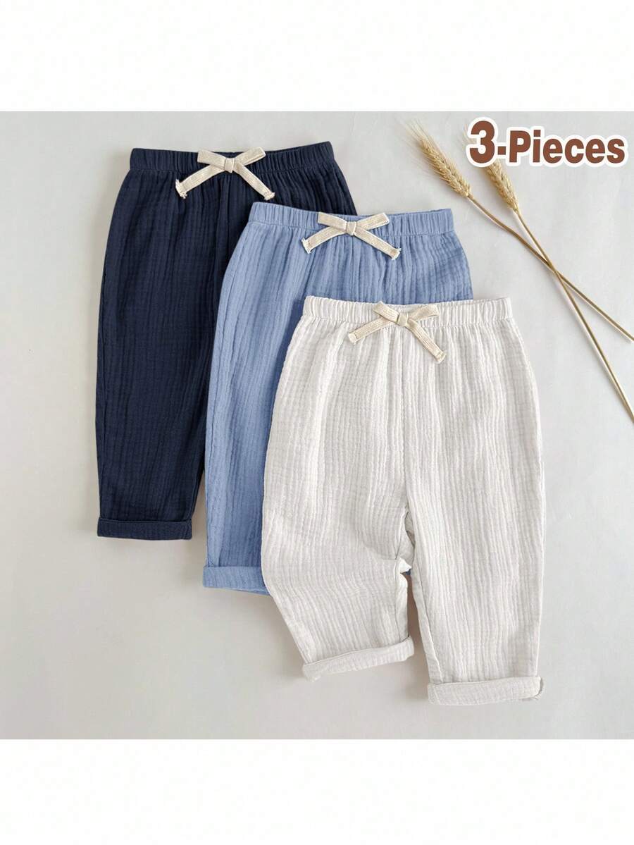 Loomiva 3pcs Baby Boy Casual Bow Decor Versatile Daily Wear Pants Set,Kids - Multicolor - View 1