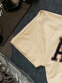 SHEIN EZwear Áo thun nữ tay ngắn ôm sát, eo nhún, trễ vai, thích hợp cho mùa hè, kiểu dáng retro Mỹ. - Màu be - Xem 6