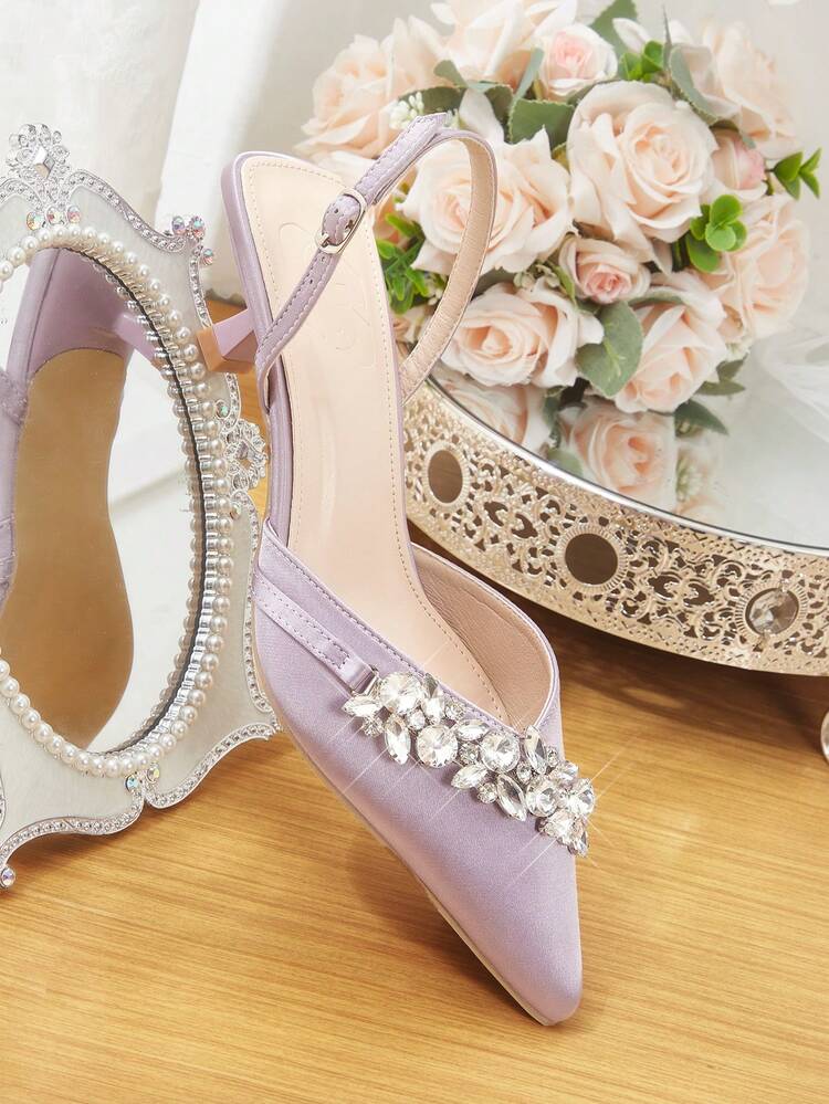 CUCCOO HITCHD Women's Pointed Toe Kitten Heel Rhinestone Satin Pumps, Comfortable Elegant Dress Shoes For Bride, Wedding, Party, Lavender Color