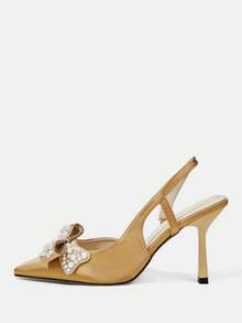 CUCCOO HITCHD Sepatu Hak Tinggi Wanita Ujung Lancip, Dekorasi Pita Berlian Imitasi & Mutiara, Satin Emas Champagne, Nyaman & Elegan, Cocok Untuk Pernikahan, Pesta, Acara Formal - Perunggu - View 2