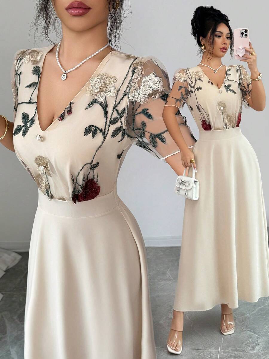 Elenzga 女士优雅休闲拼接刺绣网纱玫瑰褶皱腰部喇叭下摆短袖连衣裙，杏色，适合夏季郊游、约会、新年、情人节、复活节、母亲节、音乐节、中东婚礼等场合。 - 杏色 - 查看 1