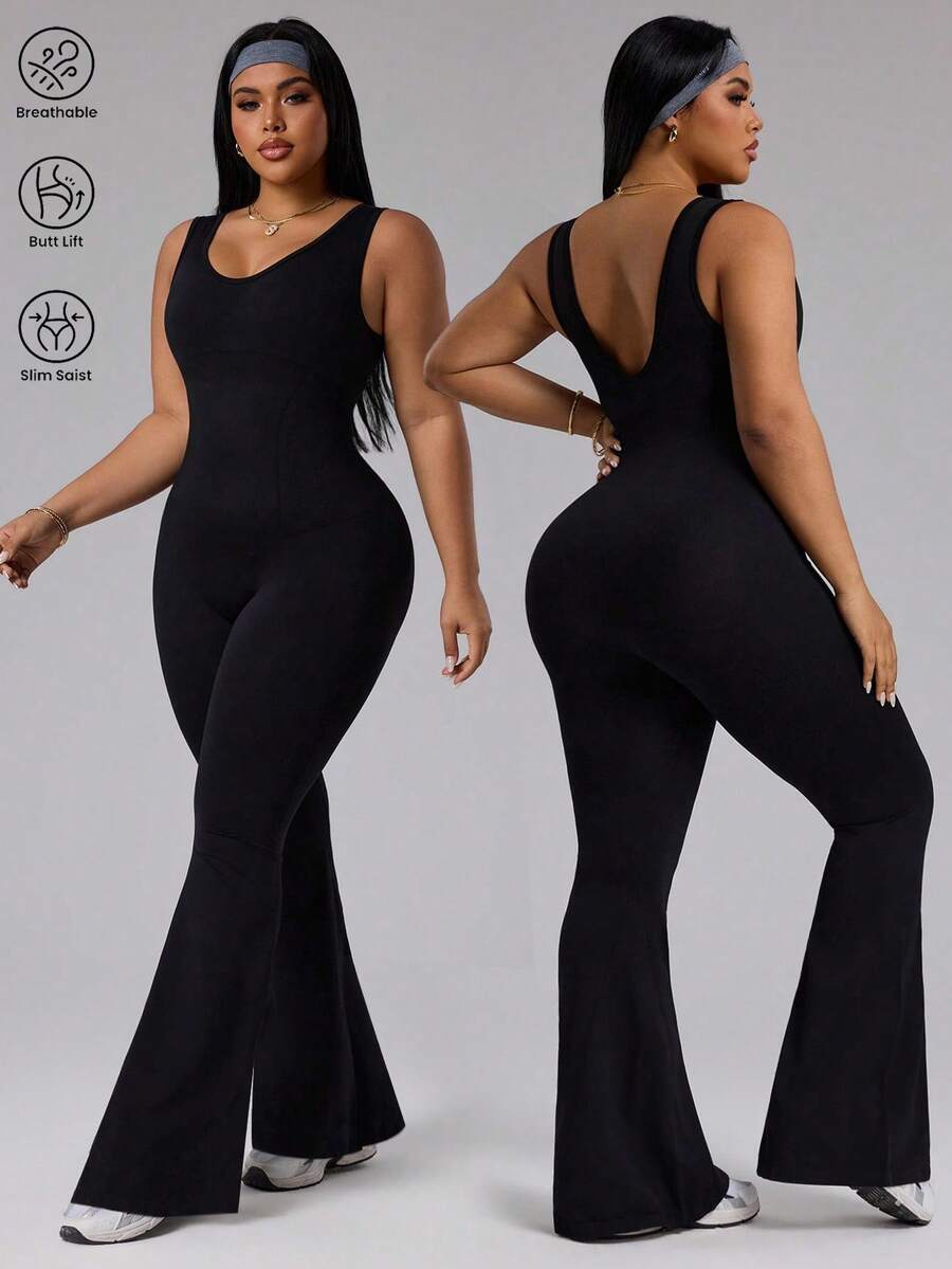 Rhythm Era Women's Solid Color Round Neck Casual Sleeveless Flared Sports Jumpsuit - Black - View 1