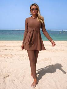 Swim Shayni 2026 Summer NEW Women's Summer Solid Brown 2pcs/Set Long Sleeve Cinching Waist Burkini Beach Vacation, Pool Party, Beach PartyBeach Outfits, Music Festival Outfits, Vacation Outfits, Seaside Dates, Holiday Outfits, Sexy, Elegant, Casual Outfits, Beach Party Outfits, Pool Party Outfits - Brown - View 6